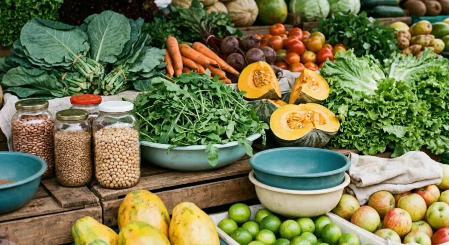 Verduras, legumes e frutas frescas da feira sobre madeira