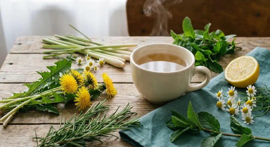 Xícara de chá com flores de dente-de-leão, alecrim, hortelã e camomila