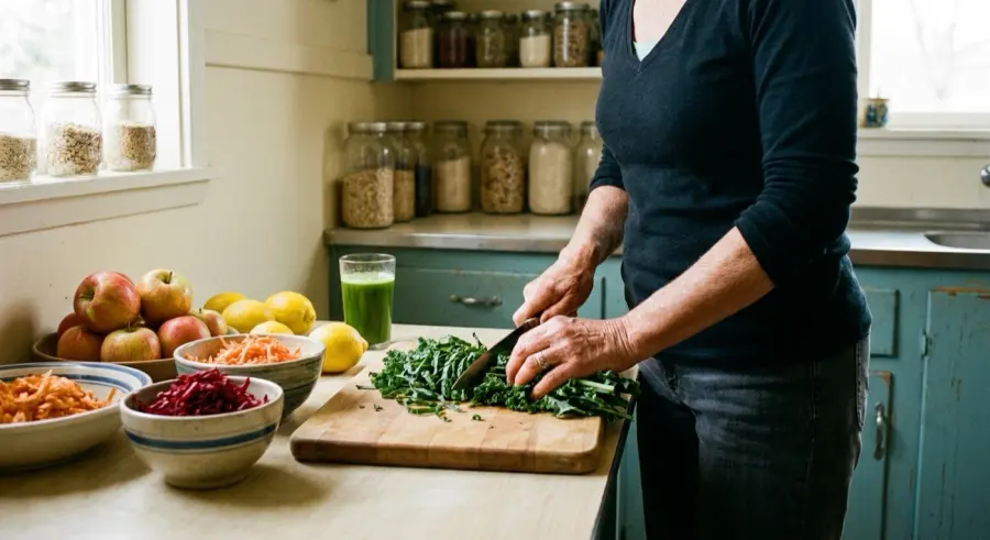 Preparo do suco verde na cozinha: couve sendo cortada, maçãs e limões