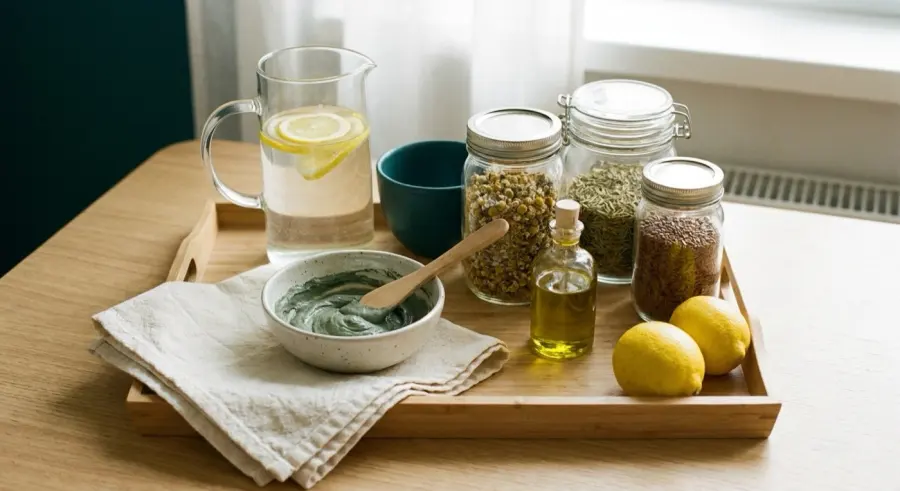 Kit da farmácia natural: argila, ervas secas, azeite, limões e água com limão
